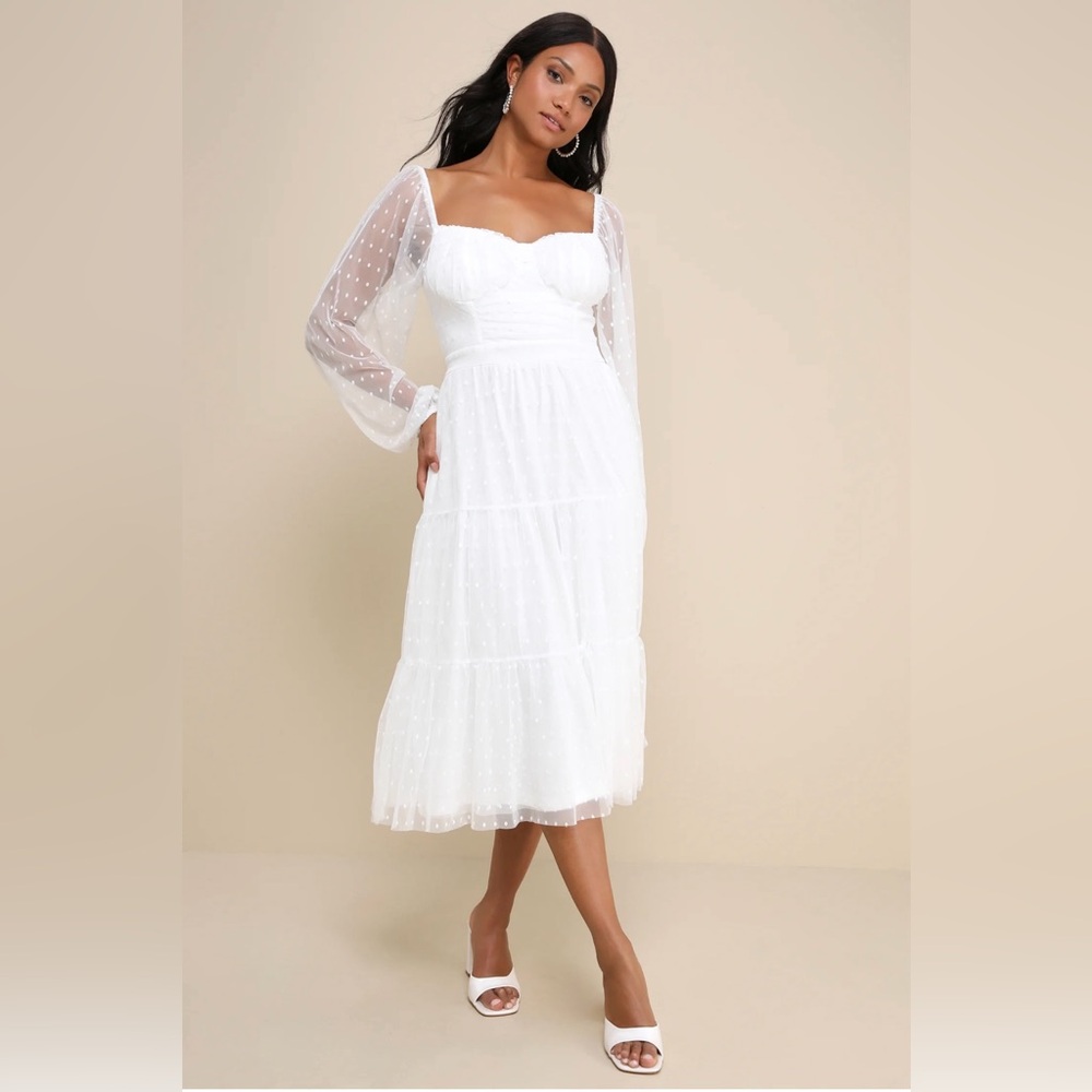 Lulu’s Affectionate Aura White Swiss Dot Tiered Bustier Midi Dress